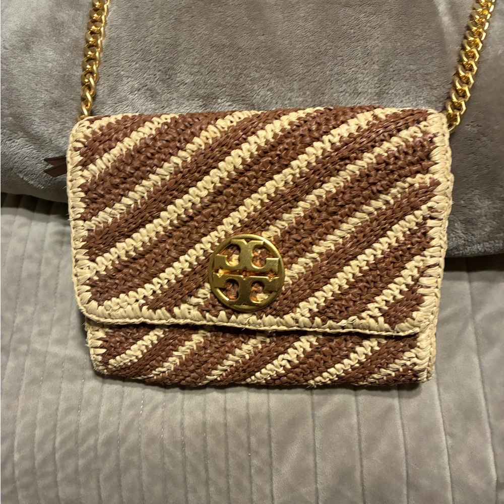 Tory Burch Brown and Cream Crossbody Bag with Gold Chain